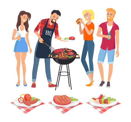 People on BBQ party isolated icons vector. Man serving food on plate skewer and well done beefsteak. Served dish with vegetables veggies roasted meatのイラスト素材