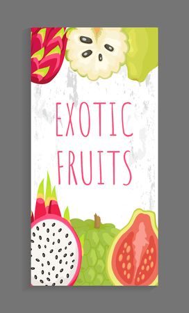 Exotic tropical fruits card with organic healthy meal vector. Pitaya and bael sugar apple and succulent durian. Slices of Asian lush sweet productsのイラスト素材