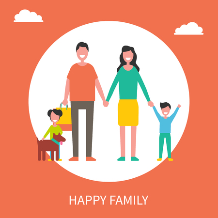 Happy family with dog and shopping bags poster. Parents holding children by hands, pet in collar, sons beside mother or father vector illustration.のイラスト素材