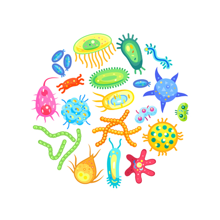 Zoomed different shaped and sized germs isolated. Vector microbes and bacterias view through magnifier or microscope poster for children teaching.のイラスト素材