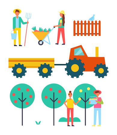 People working on farm vector icon. Tractor with trailer, woman with full wheelbarrow, man with pitchfork and bucket, couple pluck fruit from tree setのイラスト素材