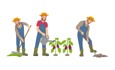Farming man on farm icons set. Male with rake and compost on ground, cultivation with spade shovel. Watering of aubergine plants plantation vectorのイラスト素材