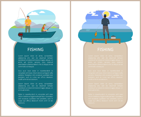 Fishery sport and recreation nature poster. Vector fishermen on motorboat on river and back view fisher on pier catching fish by rod near lake.のイラスト素材