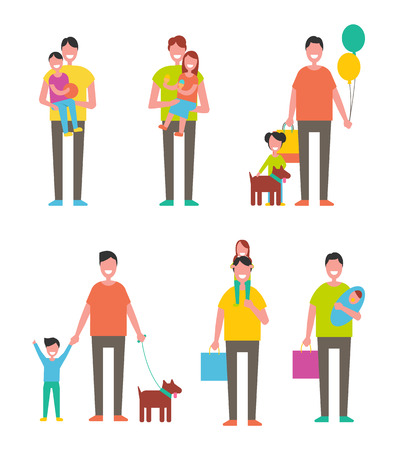 Fathers day poster dads holding son and daughter on arms. Happy fatherhood concept vector isolated. Children and parents together with pet, bags and balloonのイラスト素材