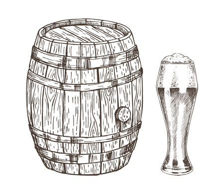 Oak container and glass of frothy ale graphic art isolated on white background vector illustration of wooden keg for beer storage, curved shape gobletのイラスト素材