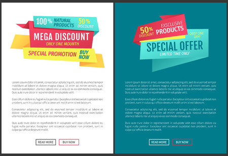 Exclusive half price reduction posters. Mega discount banner with special promotion. Best choice limited time natural production proposition vectorのイラスト素材