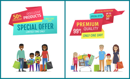 Special offer vector banner with people shopping. Premium quality, exclusive products, limited time, only one day promotion, happy family and purchaseのイラスト素材