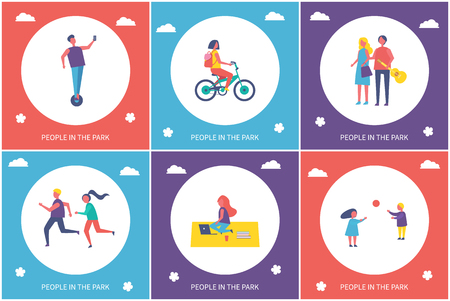 People resting and relaxing in park vector cartoon banner set. Running and playing games kids, couple walking and girl sitting on rug, active leisureのイラスト素材