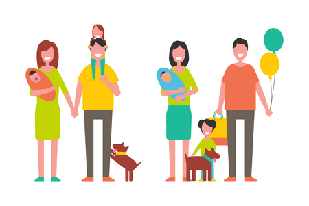 Family parenthood childhood children with parents having fun. Father carrying bag and balloons. Mother with newborn child on hands isolated vectorのイラスト素材