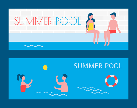 Summer pool vacation of people posters set with text. Couple on poolside man and woman relaxing in water. Freelancers playing water game polo vectorのイラスト素材