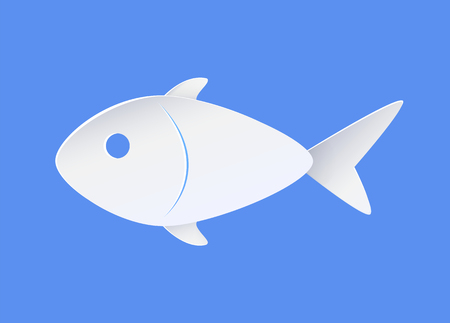 Fish sample icon symbol of nautical marine life. Paper cut white relief fingerling vector illustration in minimalistic style isolated on blue backdropのイラスト素材