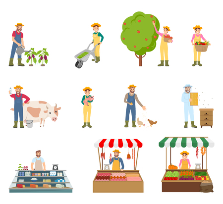 Farmers working on land isolated icons set. Man watering plants, woman harvesting, beekeeping person. Marketplace and trade of vegetables meat vectorのイラスト素材