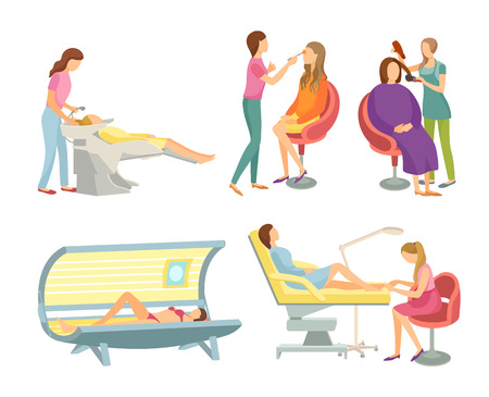 Spa salon hair wash and hairstyling set isolated icons set vector. Body wrap and tanning, gaining of tan in solarium sunroom. Pedicure toe nails careのイラスト素材