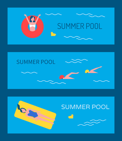 Swimming pool vector banner with people bathing. Young ladies in swimsuits floating on lifebuoy and air mattress, men training to swim sport stylesのイラスト素材