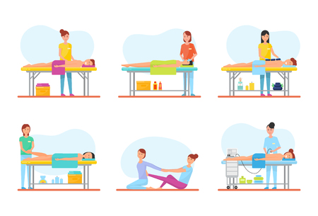 Massage therapy and treatment of people isolated icons set vector. Relaxation and relief from pain in back, foot. Masseuse using hot stones techniqueのイラスト素材