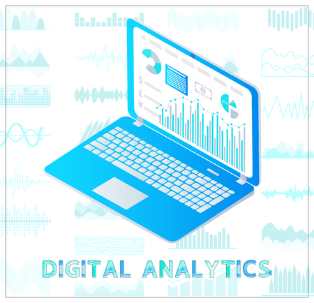 Digital analytics business poster with laptop screen and information. Visualization of data in diagrams and graphics, growing charts signs vectorのイラスト素材