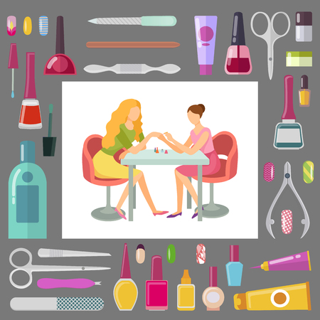 Spa salon manicurist working with client, tools and instruments for work vector. Scissors and files, lotions and oil, cuticle cut, bottles with paintのイラスト素材