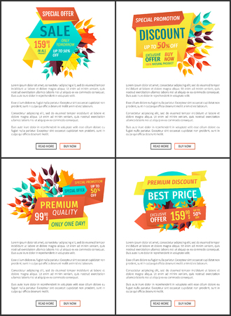 Sale discount premium quality natural products only one day. Posters set with banners autumnal proposals off price seasonal shopping reduction vectorのイラスト素材