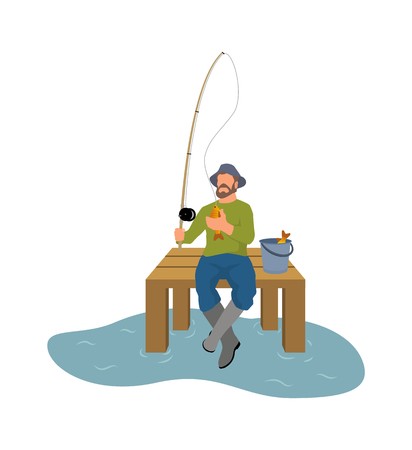 Fishing icon with fisherman and fish. Fisherman fishery from platform with rod and basket full of fish cartoon design vector illustration sport themeのイラスト素材