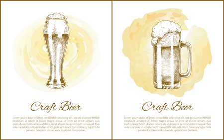 Craft beer objects set hand drawn vector sketches. Full tumblers with flowing foam isolated on beige, stain vintage icons illustration for bar menuのイラスト素材