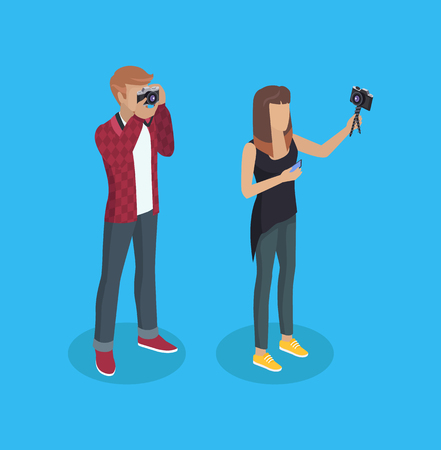 Photographer woman and man professional workers with digital cameras. Camerist and working journalist taking photos photography isolated on vectorのイラスト素材