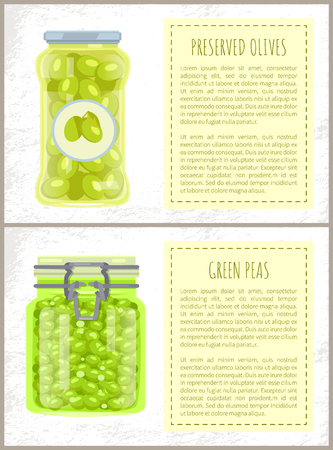 Canned olives and peas in jars banners set. Conserved piquant vegetables inside glass containers beside text, preserved food, vector illustrations.のイラスト素材