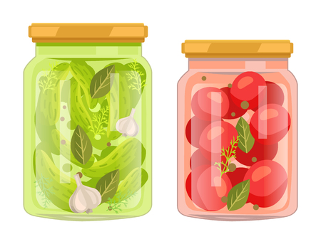 Hermetic bottles with preserved food vector poster. Isolated tomatoes with bay leaf and peppercorn jar and pickles cucumbers with garlic spicery can.のイラスト素材