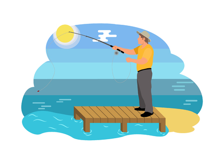 Fish catching man on sandy shore using rod. Fishing activities on wooden pier. Fisherman wearing waterproof clothes isolated on vector illustrationのイラスト素材