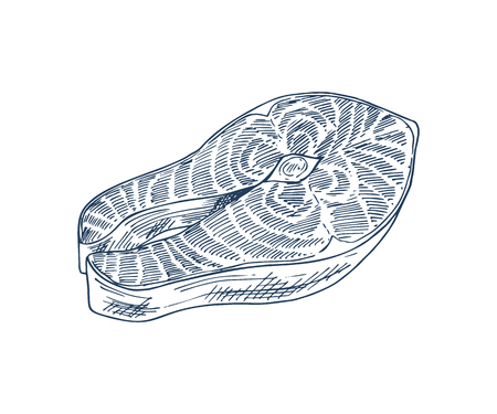 Salmon steak vector monochrome hand drawn illustration in sketch style. Seafood depiction for fish restaurant promotion or menu isolated on white.のイラスト素材