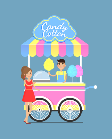 Street cart with tasty sweet candy cotton. Delicious dessert on trolley, vendor in apron and customer. Mobile food small shop vector illustration.のイラスト素材