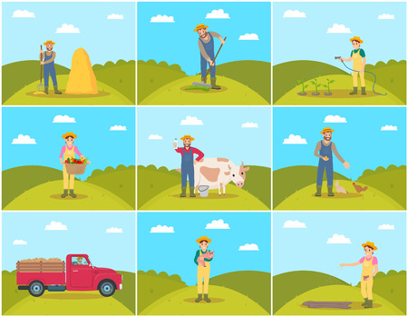 Beekeeper and farming man with rake spreading compost on ground. Chicken feeding, piglet hens tending. Tractor and lorry agricultural machines vectorのイラスト素材