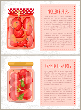 Preserved food poster home cooked pickled red pepper and tomatoes in glass jar in rustic style. Conserved chilli, spicy vegetables vector isolated, text sampleのイラスト素材