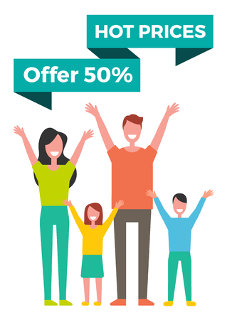 Hot prices offer 50 percent off special offer banner with happy family vector icon. Half discount with smiling group of people, hands up, isolated in cartoon styleのイラスト素材