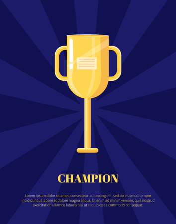 Champion shiny award, goblet with handles and label isolated on blue, rewarding icon, poster in cartoon style. Golden trophy cup vector illustrationのイラスト素材