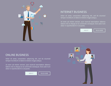 Internet online business web pages set with businessman choosing options, woman looking at employees profiles, text sample, button vector illustrationのイラスト素材