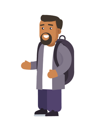 Male smiling standing calmly trying to show something with help of gestures, bearded man wearing rucksack, vector illustration, isolated on whiteのイラスト素材