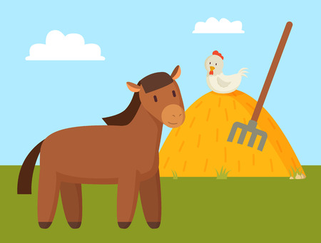 Brown horse grazing on green lawn colorful banner, vector illustration of domestic animal on rural yard, chick on haystack with fork for harvestingのイラスト素材