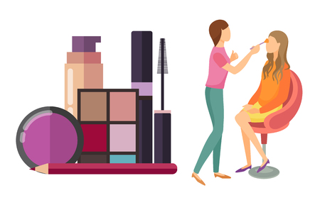 Visage makeup visagiste professional isolated icons vector. Mirror and brushes, foundation and lotions, palette of eyeshadow and lipstick for clientのイラスト素材