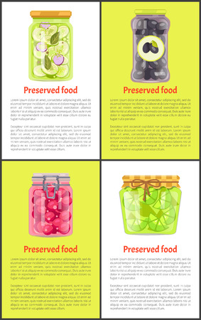 Preserved food in marinade inside jars posters set. Cucumbers with bay leaf, Greek olives, cherry tomatoes and sour lime slices vector illustrations.のイラスト素材