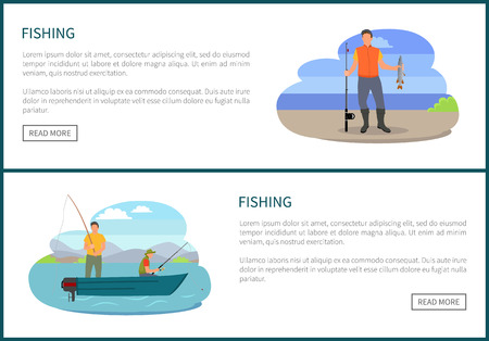 Fishing fishery posters with text sample and men with rods. Banker wooden boat vessel on water with fishermen. Piscators and petermen in ship vectorのイラスト素材