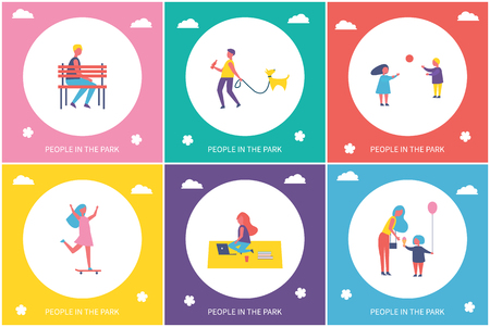 People in park entertaining, cartoon banner set isolated vector character. Kids playing volleyball and girl riding on skateboard, guy walking dog on leashのイラスト素材