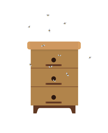 Wooden homemade beehive with swarm of bees icon in cartoon style isolated icon Part of domestic apiary, flying insects in process of honey productionのイラスト素材