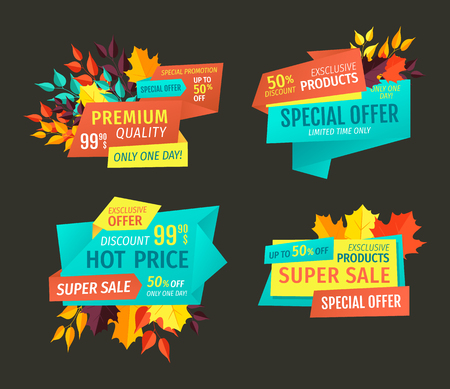 Sale and discount in autumn season. Special offer and hot price for customers on clearance, bargain or sell-out day geometric banners with leaves.のイラスト素材