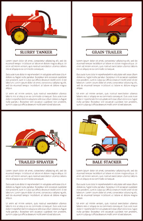 Slurry tanker and grain trailer for crops transportation and storage. Trailed sprayer with reservoir bale stacker with hay cube. Posters set vectorのイラスト素材