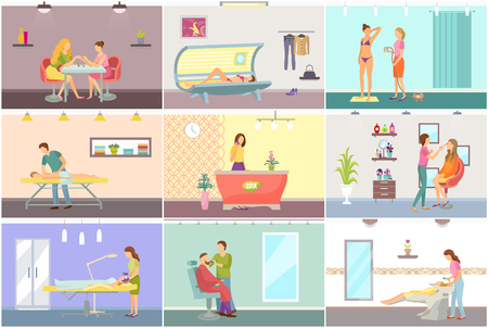 Cosmetic and spa center interior with equipment cartoon vector set. Solarium and hairdressing, massage and manicure, medical procedure in beauty salonのイラスト素材