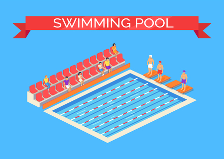 Swimming pool and sportsmen poster with text on ribbon. Swimmers wearing goggles ready for competition. Viewers sitting on seats watching them vectorのイラスト素材