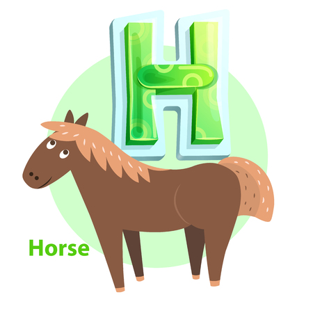 Horse animal introducing H letter for children. Sketchy cartoon character for kids abecedarian captivating posterのイラスト素材