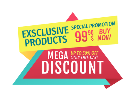Mega discount only one day vector promo poster. Special promotion and exclusive products to buy now shop bargain sale advertisement banner.のイラスト素材