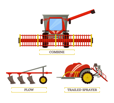 Combine and plow, trailed sprayer with tank and liquid isolated icons set vector. Machinery for farming and agriculture. Plough husbandry devicesのイラスト素材