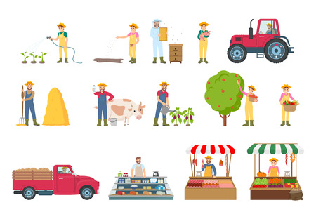 Farmer work agriculture isolated icons set vector. Man spraying bushes, harvesting season and care for pigs cow and hens. Marketplace and sellingのイラスト素材